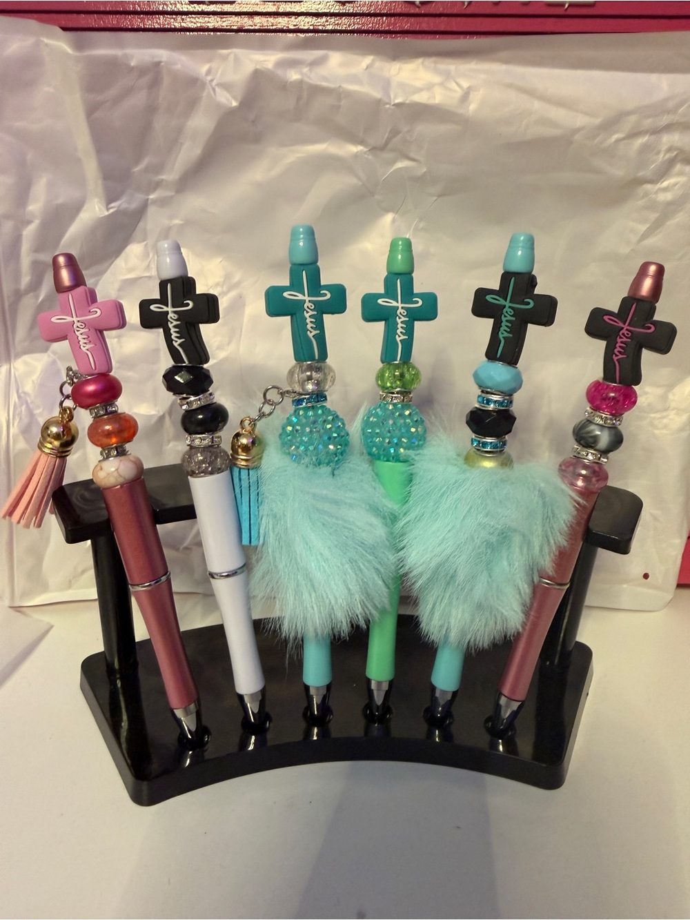 CHRISTIAN Custom Cross Charm Pens with Tassels & Fur - Teal, Pink, Black, White